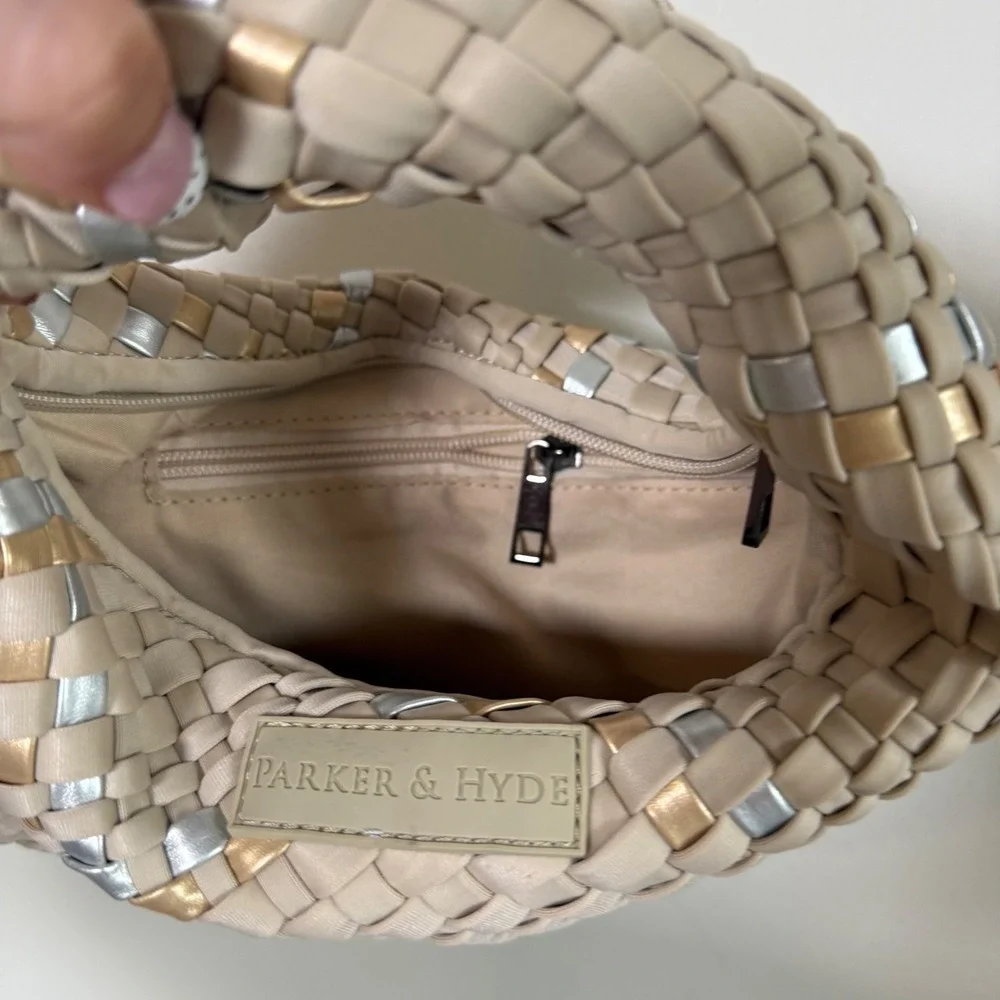 NWT Parker & Hyde Woven Knot Metallic Accent Hobo Handbag Size OS Beige Gold